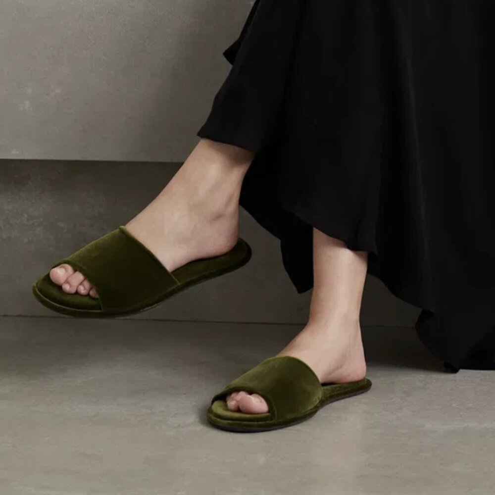The Row Canal Slipper in Velvet Size 37- Green Moss